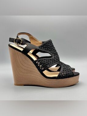 Lucky Brand Black Woven Platform Wedge Sandals Size 8 (38) 5” Heel Peep Toe